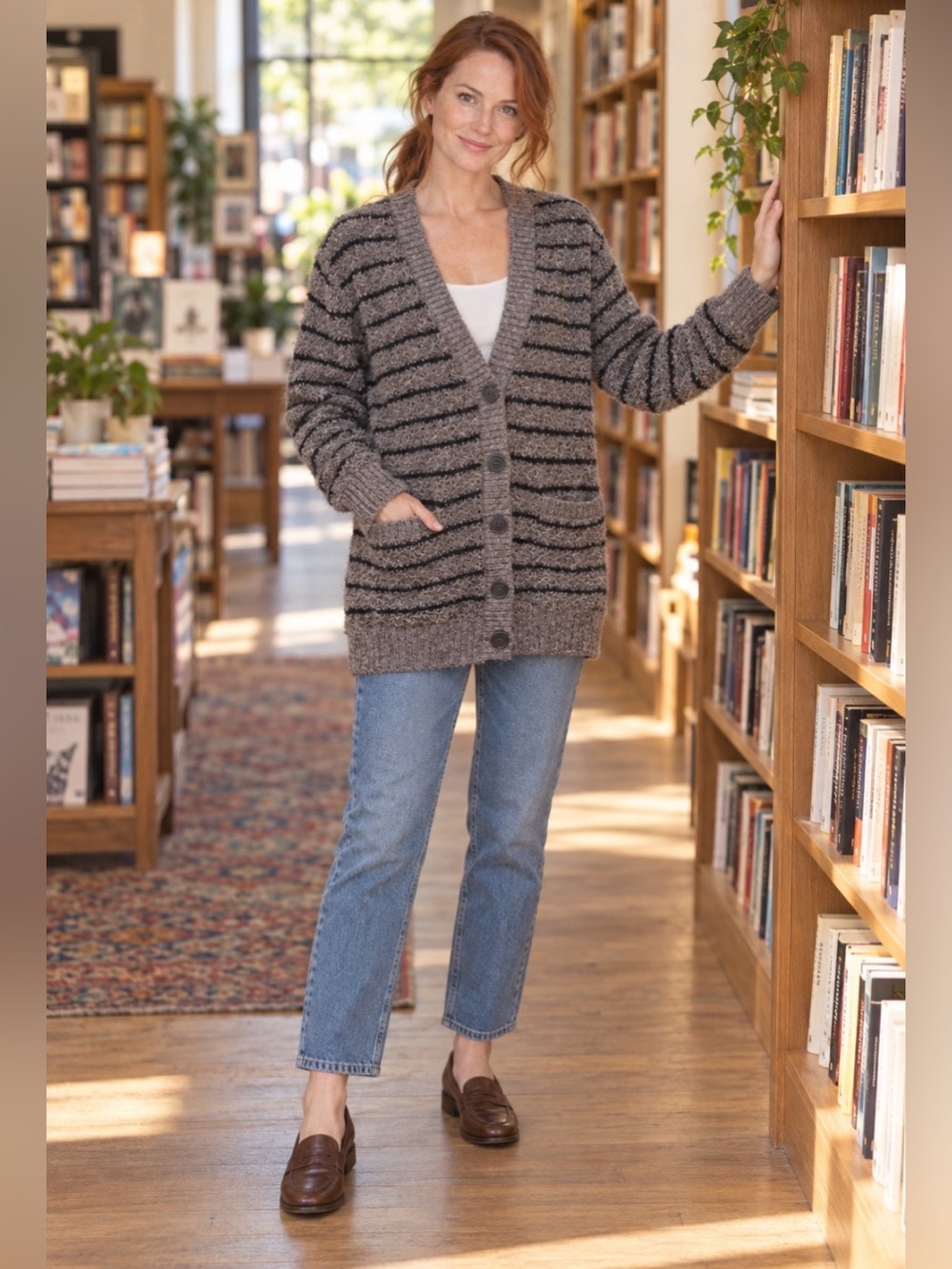 Jessica Simpson Gray and Black Striped V-Neck Button-Up Cardigan Sweater